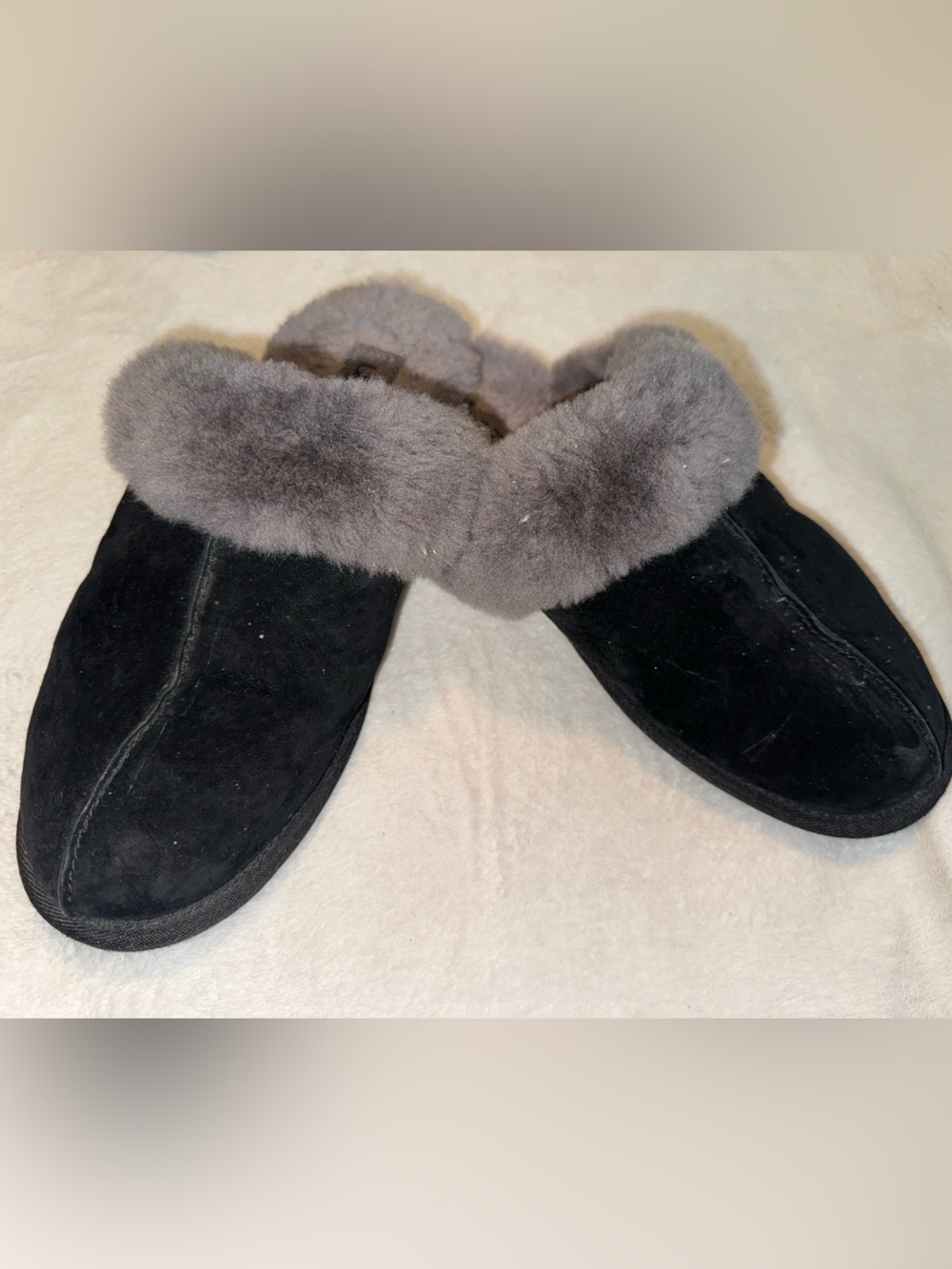 UGG Black Suede Slip-On Slippers with Gray Fur Cuff